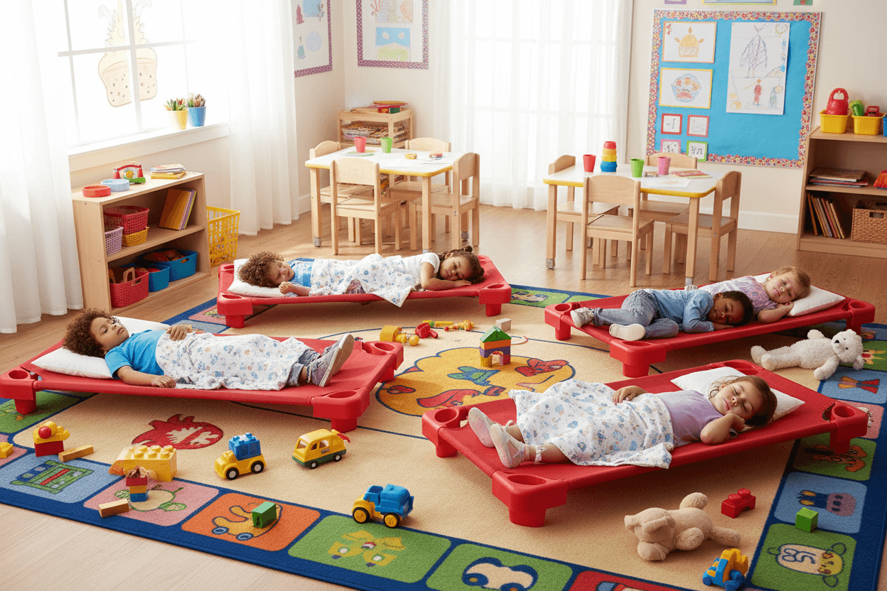 Červené plastové lehátko do školky